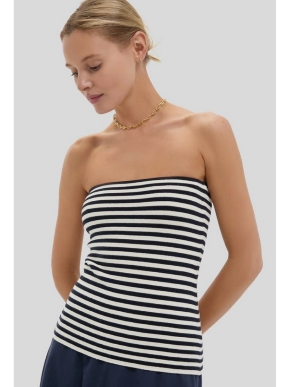 Tuckernuck Ilena Navy Stripe Strapless Top Med New